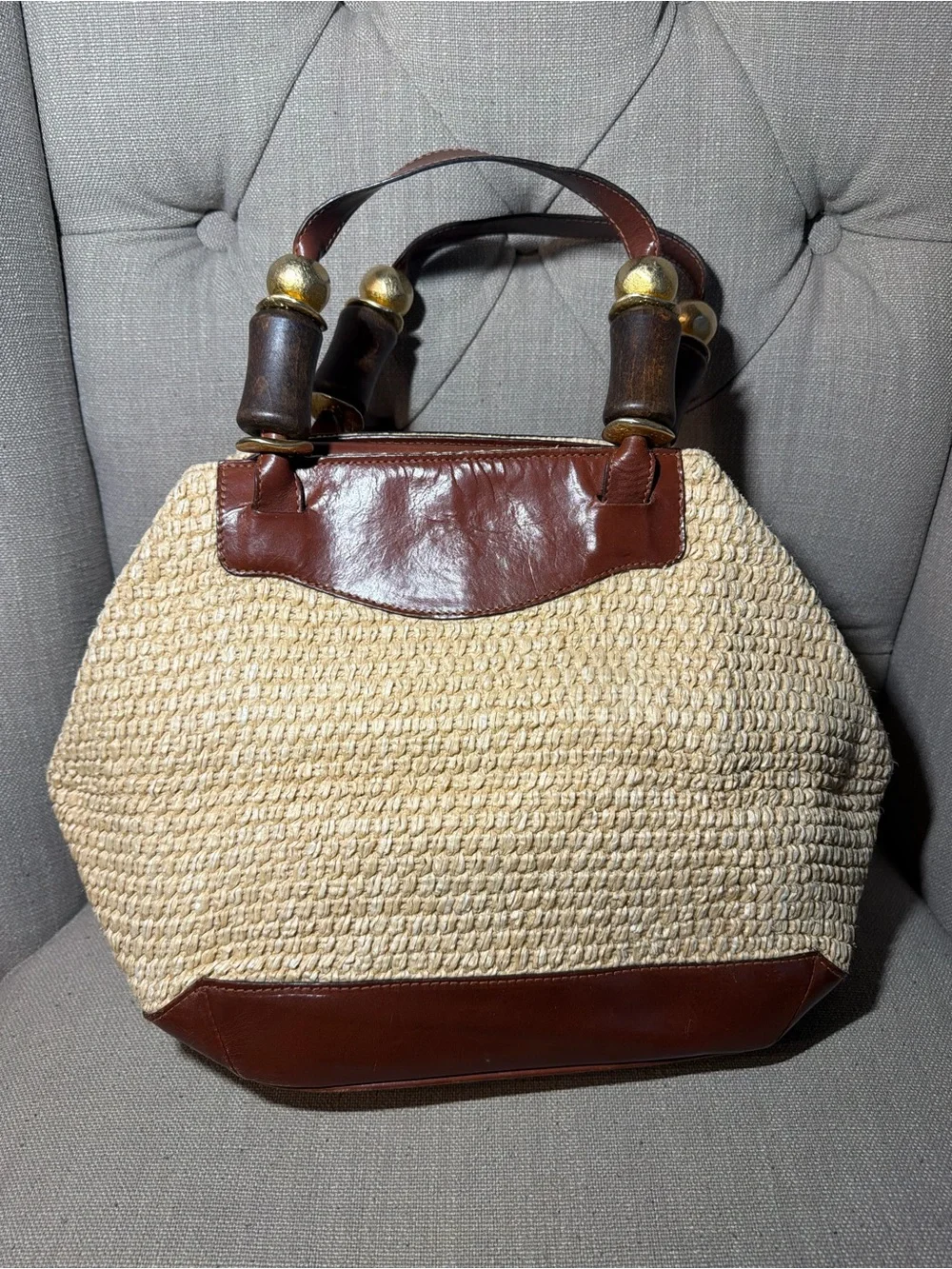 Vintage Carla Marchi Woven Raffia L& Leather Bag With Wooden Handle Italy